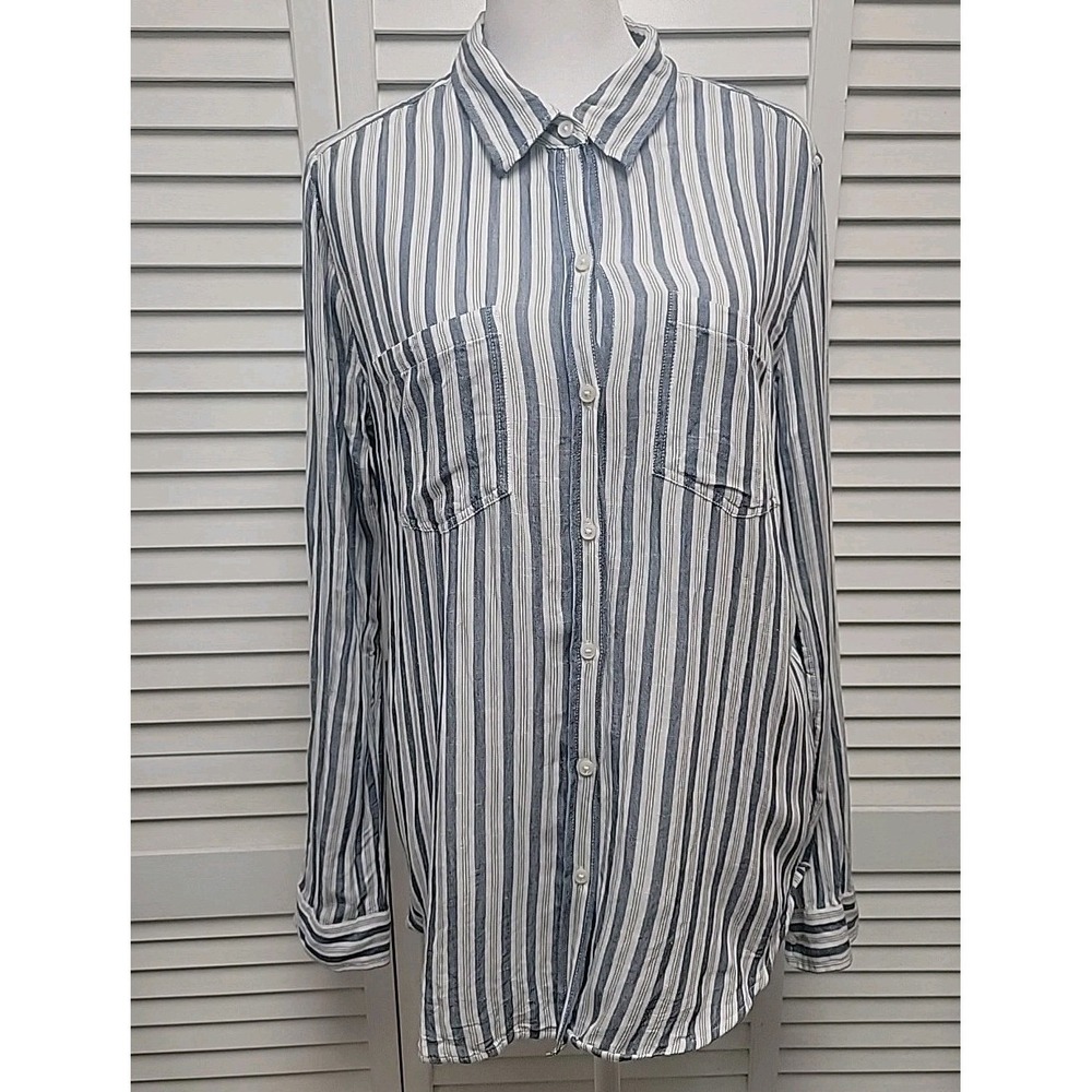 Lucky Brand Women's Striped Top Button Front Blue White Sz M Soft Cotton Blend